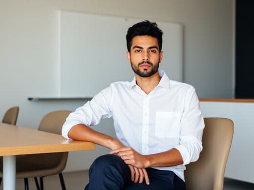 20대 초반의 라틴계 남성이 깔끔한 화이트 셔츠와 어두운 색 바지를 입고 현대적인 회의실에 캐주얼하게 앉아 있습니다. 무관심한 표정은 전문적인 분위기를 더하며, 테이블 위에 손을 얹고 있어 차분한 거리감을 표현하고 있습니다. 배경에는 화이트보드와 책상이 있어 전체적인 조화를 이룹니다.