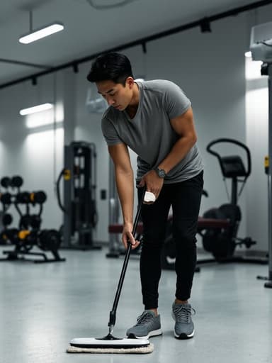 세련된 외모의 30대 후반 동양인 남성이 깔끔한 운동복을 입고 청소 도구를 들고 헬스장 바닥을 신중하게 청소하는 반신 사진. 운동 기구가 배치된 깨끗하고 정돈된 헬스장 내부가 배경을 이루어, 피트니스 환경에서 청결의 중요성을 강조하는 평온한 분위기를 만들어냅니다.
