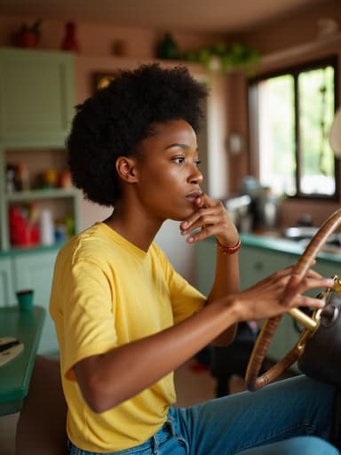 10대 후반의 아프리카계 여성이 캐주얼한 의상을 입고, 운전대에 두 손을 올리며 앞을 집중해서 바라보는 모습이 담긴 반신 촬영입니다. 배경의 아늑한 주방에는 다양한 요리 재료들이 놓여 있어 쇼핑 후 요리를 준비하는 장면을 연상시키며, 따뜻하고 초대하는 분위기를 만들어냅니다.