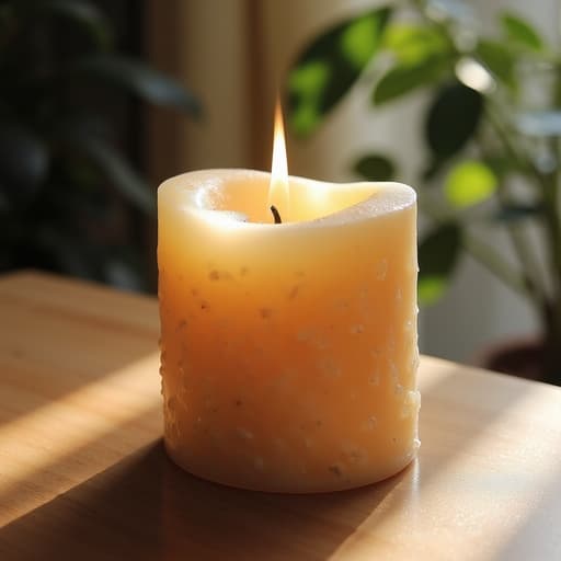 따스한 오후 햇살 속의 캔들이 부드러운 그림자와 반사를 드리우며, 고요하고 매력적인 분위기입니다.