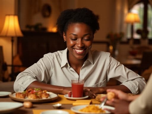 30대 후반의 아프리카계 여성이 아늑한 다이닝룸에서 바베큐 모임을 즐기며 따뜻하게 미소짓고 있는 반신 사진, 편안한 캐주얼 의상을 입고 있는 모습으로, 즐겁고 초대하는 분위기를 만들어냅니다.
