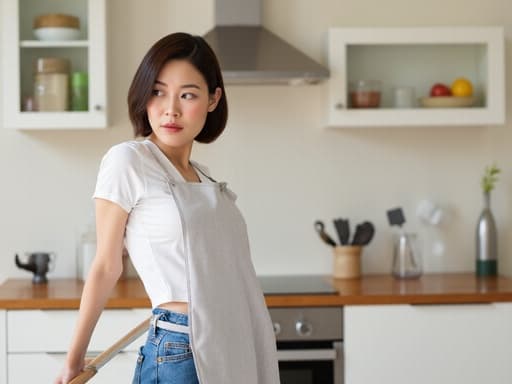 30대 중반 동양인 여성이 편안한 티셔츠와 청바지를 입고, 깔끔한 주방에서 청소 도구를 들고 긴장한 표정으로 바라보고 있습니다. 주방 조리대 위에는 여러 청소 도구들이 정돈되어 있어, 그녀의 가사 작업에 대한 집중을 강조합니다.