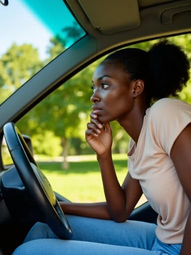 30대 후반의 흑인 여성이 자연스러운 외모로 편안한 여행 스타일의 티셔츠와 청바지를 입고 반신 촬영된 모습입니다. 그녀는 차 안에서 운전하며, 한 손은 핸들을 잡고 다른 손은 턱에 대고 고민하는 표정을 짓고 있습니다. 푸른 나무와 잔디가 있는 평화로운 공원 배경이 그녀의 사색적인 분위기를 더합니다.