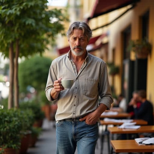 이 이미지는 아늑한 카페 테라스에서 캐주얼한 셔츠와 청바지를 입고 커피를 들고 있는 50대 초반의 혼혈 남성을 보여줍니다. 그는 옷을 조정하는 자세를 취하고 있으며, 불만스러운 표정이 그의 감정을 드러냅니다. 배경은 식물과 테이블이 있는 아늑한 분위기를 제공하여 그의 감정과 대조를 이룹니다.