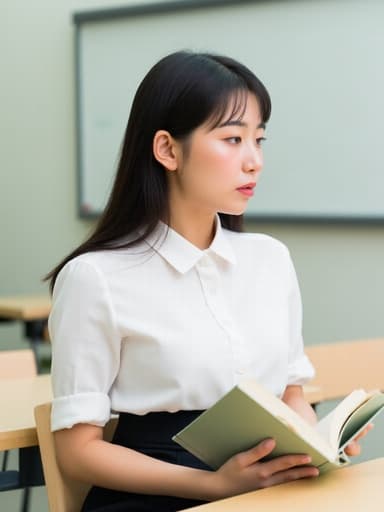 20대 중반의 자연스러운 외모를 가진 한국 여성의 반신 사진으로, 깔끔한 화이트 블라우스와 검은색 스커트를 착용하고 있습니다. 회의실에 앉아 책을 들고 긴장한 표정으로 집중하고 있는 모습입니다. 배경은 화이트보드와 책상이 있는 깔끔한 강의실 환경을 보여주어 전문적인 분위기를 만들어냅니다.