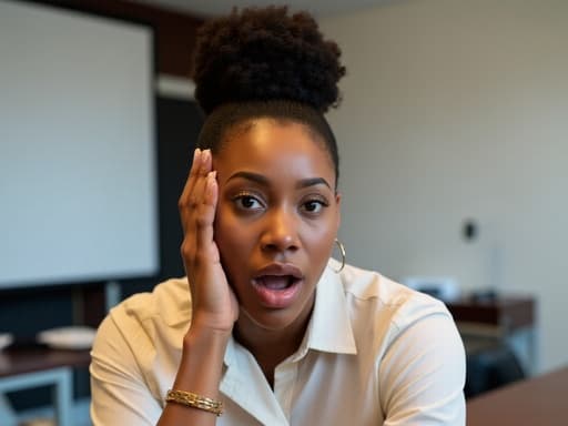 20대 초반의 흑인 여성의 반신 사진으로, 비즈니스 캐주얼 의상을 입고 회의 테이블에 앉아 당황한 표정을 짓고 있습니다. 배경에는 화이트보드와 프로젝트 스크린이 있는 전문 회의실이 있어 기업 분위기를 잘 전달하고 있습니다.