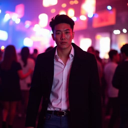 20대 중반의 세련된 동양인 남성이 스타일리시한 블랙 재킷과 화이트 셔츠를 입고 화려한 조명과 사람들로 가득한 축제에서 걷고 있으며, 주변 사람들과 소통하고 즐거운 분위기를 자아내고 있습니다.