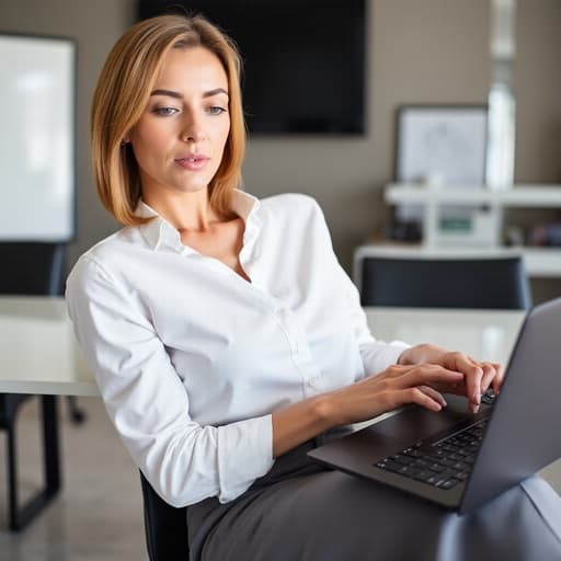 30대 후반의 동양인 여성이 화이트 블라우스와 세미 슬랙스를 입고 현대적인 회의실에 앉아 있습니다. 그녀는 노트북에 집중하며 열정적인 표정을 짓고 있어 전문적인 분위기를 보여줍니다.