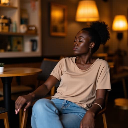 아늑한 카페에 편안하게 앉아 있는 40대 초반의 아프리카계 여성의 평온한 반신 사진. 그녀는 편안한 티셔츠와 청바지를 입고 음악을 감상하며 눈을 감고 평화로운 표정을 짓고 있으며, 따뜻한 조명과 아기자기한 카페 인테리어가 어우러져 있습니다.