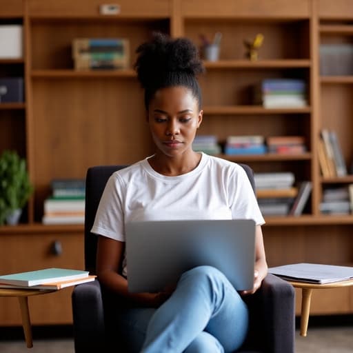 30대 초반 아프리카계 여성이 편안한 티셔츠와 청바지를 입고 따뜻한 온라인 강의실에 앉아 있습니다. 그녀는 피곤한 표정을 지으면서도 집중한 모습으로 노트북 화면을 응시하고 있으며, 주변에는 책과 학습 자료들이 배치되어 있어 온라인 학습의 본질을 포착하고 있습니다.