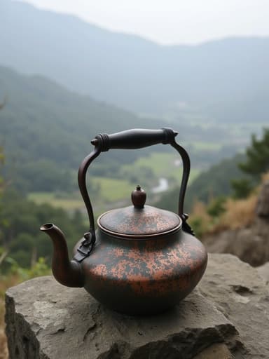 안개 낀 계곡에 있는 주전자, 평화롭고 고요한 분위기