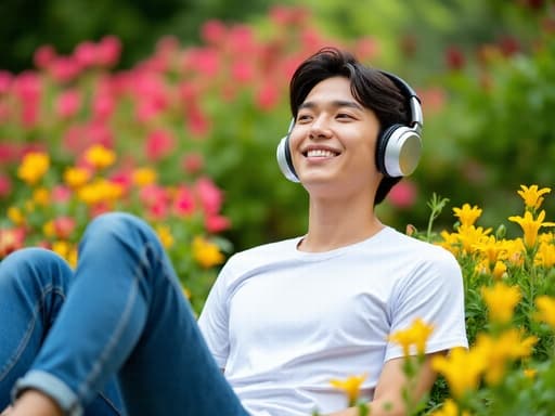이 이미지는 아름다운 정원에 앉아 있는 10대 후반의 동양인 남성을 보여줍니다. 그는 편안한 티셔츠와 청바지를 입고 있으며, 귀에 헤드폰을 착용하고 행복한 표정을 지으며 음악을 감상하고 있습니다. 그의 다리는 뻗어져 있으며, 주변의 화려한 꽃들이 조화로운 평화로운 분위기를 더해줍니다.