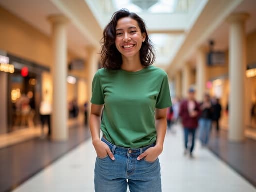 자연스러운 외모의 10대 후반 라틴계 여성의 반신 사진. 그녀는 트렌디한 티셔츠와 청바지를 입고 스타일리시한 스니커즈를 신었다. 손을 뒤로 하고 편안한 자세로 서 있으며, 활기차고 밝은 미소로 기쁨을 발산하고 있다. 배경은 다양한 상점으로 가득한 화려한 쇼핑몰 내부로, 장면의 에너지와 패셔너블한 분위기를 더하고 있다.