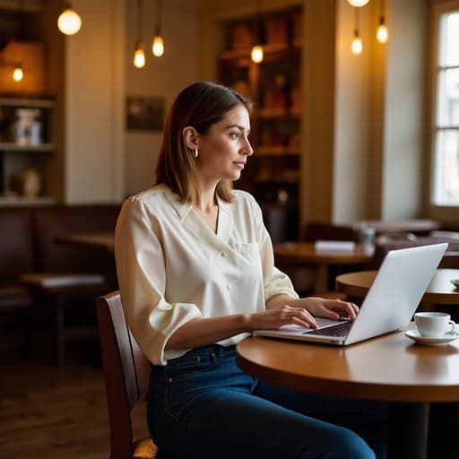 아늑한 카페에서 깔끔한 블라우스와 청바지를 입은 40대 중반의 백인 여성이 테이블에 앉아 노트북과 커피잔을 두고 있습니다. 그녀는 편안한 표정으로 이메일을 작성하며 집중하고 있는 모습으로, 전문성과 편안함이 어우러진 장면을 담고 있습니다.