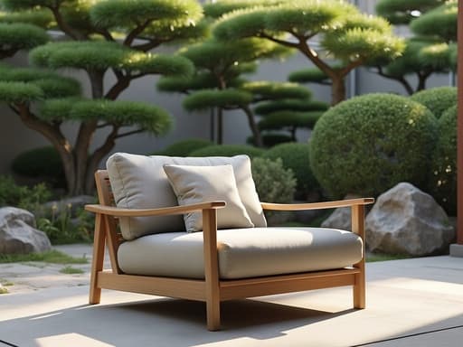 의자, 가구, 중앙에 배치, 일본식 정원, 평화로운 분위기.