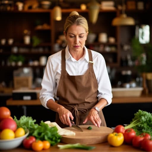 아늑한 카페 주방에서 편안한 주방복과 앞치마를 착용한 40대 중반의 유럽계 여성이 화난 표정을 지으며 능숙하게 재료를 다듬고 있습니다. 배경에는 다양한 주방 도구와 식재료들이 있어 따뜻하고 아늑한 분위기를 만들어냅니다.