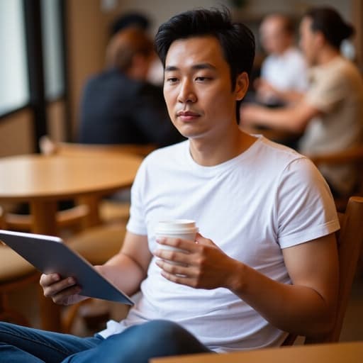 30대 중반의 동양인 남성이 아늑한 카페에서 캐주얼한 흰색 티셔츠와 청바지를 입고 서 있습니다. 왼손에는 태블릿을, 오른손에는 커피잔을 들고 있으며, 약간 의기소침한 표정을 지으며 고민에 잠긴 듯한 모습입니다. 따뜻한 카페 배경은 나무 테이블과 의자, 다른 손님들의 모습이 어우러져 초대하는 분위기를 만들어냅니다.