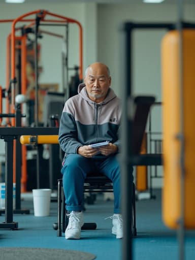 50대 초반 한국인 남성이 스포츠 학원에 앉아 편안한 운동복을 착용하고 있습니다. 그는 피곤한 표정을 짓고 있지만 메모장에 필기를 하며 깊이 집중하고 있으며, 다양한 운동 장비가 주변에 있어 활기찬 분위기를 더하고 있습니다.