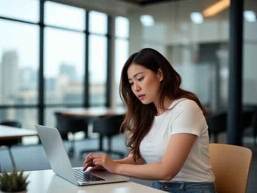 30대 초반의 아시아계 여성의 반신 사진으로, 자연스러운 외모를 지니고 있으며, 노트북 앞에서 강한 감정을 표현하며 타이핑하고 있습니다. 현대적인 디자인의 회의실에서 자연광이 들어오고, 편안한 캐주얼 티셔츠와 청바지를 입고 있습니다.