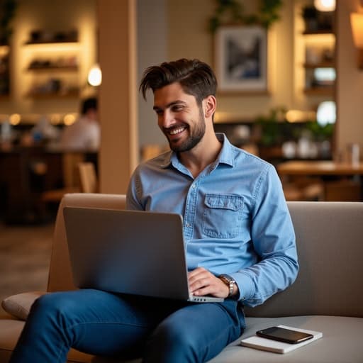 30대 초반의 백인 남성이 캐주얼한 셔츠와 청바지를 입고 아늑한 카페 소파에 편안하게 앉아 있는 반신 샷입니다. 그는 손에 노트북을 들고 고객과 소통하며 밝게 웃고 있습니다. 배경에는 테이블과 의자, 따뜻한 조명이 어우러진 아늑한 카페 내부가 있어, 이 장면의 친근하고 편안한 분위기를 강조하고 있습니다.