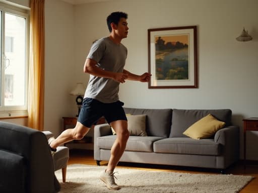 편안한 운동복을 입고 있는 40대 초반의 동양인 남성이 아늑한 거실에서 달리기를 하고 있는 중간 샷입니다. 그는 지루한 표정을 지으며 운동에 대한 흥미를 잃은 모습으로, 주변의 친근한 가정 환경 속에서 약간 힘이 빠진 자세를 보이고 있습니다.