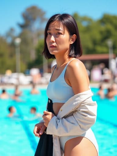 이 이미지는 편안한 운동복과 수영복 위에 가벼운 재킷을 입고 있는 40대 초반 아시아계 여성의 반신 샷을 보여줍니다. 그녀의 걱정스러운 표정은 수영장 주변에서 햇빛을 즐기고 수영하는 사람들로 가득한 쾌적한 분위기와 대조를 이루며, 한쪽 어깨에 가방을 메고 다른 손으로는 가방의 스트랩을 잡고 있는 모습입니다.