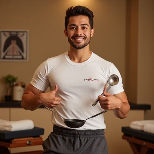 헬스 스타일의 트렌디한 옷을 입은 중동계 10대 후반 남성이 요리 도구를 들고 미소 짓고 있는 모습이 편안한 마사지샵 내부에서 촬영되어 요리와 운동 라이프스타일의 조화를 이루고 있습니다.