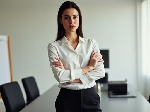 20대 초반의 유럽계 여성 한 명이 현대적인 회의실에 서 있습니다. 캐주얼한 블라우스와 슬랙스를 입고 팔짱을 끼고 있으며, 우울한 표정으로 고객 응대에 어려움을 겪고 있는 모습입니다. 배경에는 화이트보드와 회의 테이블이 있어 그녀의 역할에서의 어려움을 반영하는 전문적인 분위기를 만들어냅니다.