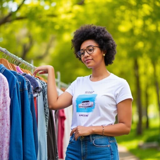 세련된 캐주얼 의상을 입은 자신감 넘치는 혼혈 10대 소녀가 푸르른 나무와 꽃들이 있는 공원에서 옷을 고르며 그녀의 스타일리시한 개성을 보여줍니다.