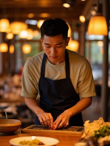 20대 후반의 한국 남성이 캐주얼한 셔츠와 앞치마를 착용하고 요리에 몰두하는 모습의 반신샷입니다. 그는 식탁 위의 재료를 손질하며 평온한 표정을 짓고 있으며, 아늑하고 현대적인 레스토랑 내부의 따뜻한 조명 아래에서 촬영되었습니다.