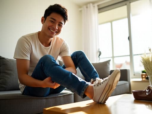 30대 초반의 아시아계 남성이 밝게 웃으며 편안한 거실에서 신발을 신기 위해 한쪽 발을 들어올리고 있는 모습. 그는 캐주얼한 티셔츠와 청바지를 입고 있으며, 자연광이 가득한 아늑한 분위기를 자아냅니다.