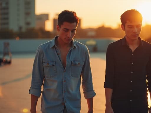 30대 초반의 라틴계 남성이 캐주얼한 셔츠와 청바지를 입고, 슬픈 표정으로 고개를 숙인 채 동료와 함께 저녁 햇살이 비치는 야외 테라스에서 걷고 있는 모습의 반신 사진.