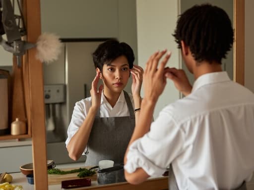 40대 초반의 혼혈 여성이 현대적인 주방에서 반신의 모습으로 촬영되었습니다. 그녀는 편안한 주방 의상에 세련된 액세서리를 매치하고, 거울 앞에서 액세서리를 조정하고 있습니다. 그녀의 표정은 고민을 담고 있으며, 다양한 조리 도구와 재료가 배경에 있는 활기찬 주방 분위기 속에서 약간의 불만족을 드러내고 있습니다.