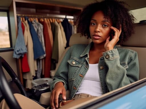 이 이미지는 10대 후반의 아프리카계 여성의 반신 사진으로, 트렌디한 캐주얼 의상을 입고 세련된 가방을 한 손에 들고 다양한 옷이 걸려 있는 옷장 앞에 서 있는 모습입니다. 차분한 표정과 여유로운 자세가 패셔너블한 라이프스타일을 강조합니다.