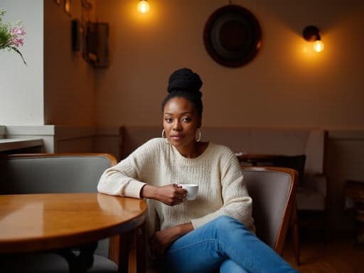 50대 초반의 흑인 여성, 자연스러운 외모를 가진 모델이 아늑한 카페에서 편안하게 앉아 있는 반신 샷입니다. 그녀는 부드러운 니트 스웨터와 청바지를 착용하고 있으며, 세련되고 편안한 느낌을 줍니다. 평온한 표정으로 커피를 즐기고 있으며, 한 손에 커피 잔을 들고 다리를 교차한 자세를 취하고 있습니다. 카페의 따뜻한 조명이 아늑한 분위기를 자아내며, 그녀 주변의 나무 테이블과 의자를 강조합니다. 이 이미지는 매력적인 공간에서 보내는 평온한 순간의 본질을 포착하며, 모델의 우아함과 카페의 아늑한 분위기를 동시에 보여줍니다.