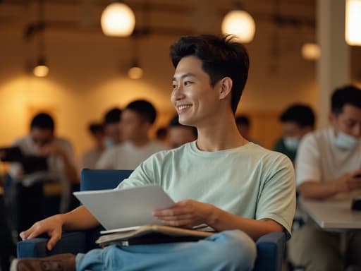 20대 초반의 동양인 남성이 캐주얼한 티셔츠와 청바지를 입고, 따뜻한 강의실의 소파에 편안하게 앉아 강의를 듣고 있다. 그의 밝은 미소는 참여와 긍정적인 감정을 드러내며, 학습 공간의 매력적인 분위기와 잘 어우러진다.