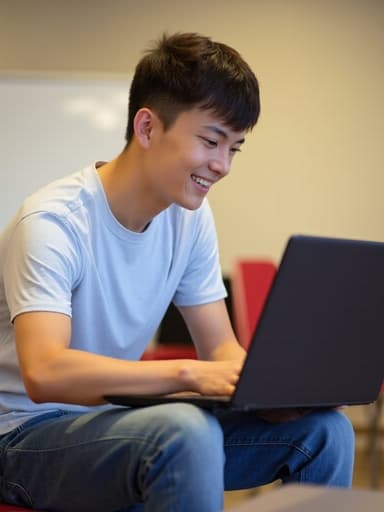캐주얼한 티셔츠와 청바지를 입은 10대 후반 동양인 남성이 노트북 화면을 바라보며 손을 키보드에 올리고 따뜻하게 미소 짓고 있는 반신 샷입니다. 배경은 커뮤니티 센터의 회의실로, 참여와 긍정적인 분위기를 강조합니다.