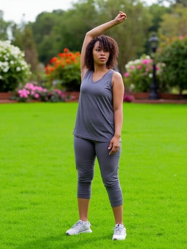 편안한 운동복을 착용한 10대 후반의 아프리카계 여성의 전신 사진이 평화로운 정원에서 스트레칭을 하고 있습니다. 그녀의 표정은 약간의 불안함을 드러내며, 한 손은 머리 위로 올리고 다른 손은 허리에 두어 주변의 푸른 잔디와 다양한 꽃들 속에서 차분하면서도 사색적인 분위기를 자아냅니다.