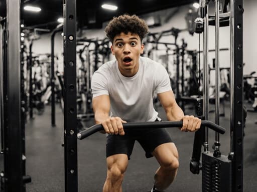 10대 후반의 혼혈 남성이 자연스러운 외모로 운동복을 입고 반신을 촬영한 모습입니다. 그는 운동 기구를 조작하는 중 놀란 표정을 지으며, 역동적인 헬스장 환경에서 신체 활동과 동기 부여를 강조합니다.