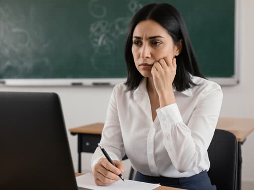 30대 중반의 라틴계 여성이 현대적인 대학 강의실에 앉아 깔끔한 블라우스와 슬랙스를 입고 있습니다. 그녀는 펜을 쥐고 노트북을 바라보며 긴장한 표정을 지으며 발표를 준비하고 있습니다. 강의실 배경은 현대적인 요소들로 구성되어 있어 전문적인 분위기를 강조합니다.