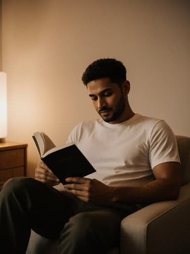 30대 중반의 라틴계 남성이 아늑한 회의실에서 편안한 티셔츠와 슬랙스를 착용하고 책을 읽으며 자연스러운 외모와 편안한 표정을 짓고 있습니다. 부드러운 조명이 아늑한 분위기를 만들어냅니다.