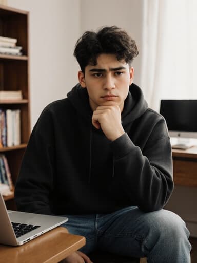 깔끔한 스터디룸의 책상에 앉아 있는 10대 후반의 라틴계 남성이 편안한 후드티와 청바지를 착용하고 있습니다. 그는 불안한 표정을 짓고 있으며, 턱에 손을 괴고 생각에 잠겨 있습니다. 배경에는 책이 가득한 책장과 노트북이 있어 조용한 공부 환경을 만들어 줍니다.