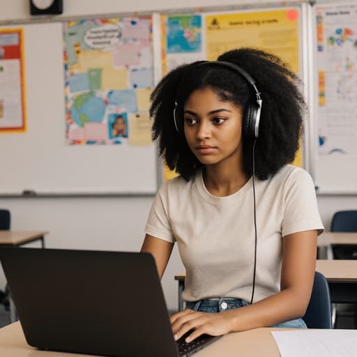 10대 후반의 아프리카계 여성의 반신 사진으로, 편안한 티셔츠와 청바지를 입고 있으며 헤드폰을 착용하고 있습니다. 그녀는 정돈된 책상에 앉아 노트북을 바라보며 손으로 키보드를 타이핑하고 있습니다. 배경은 온라인 강의실 환경으로, 벽에는 학습 자료와 포스터가 붙어 있어 그녀의 학습에 대한 열정을 강조하는 영감을 주는 분위기를 만들어냅니다.