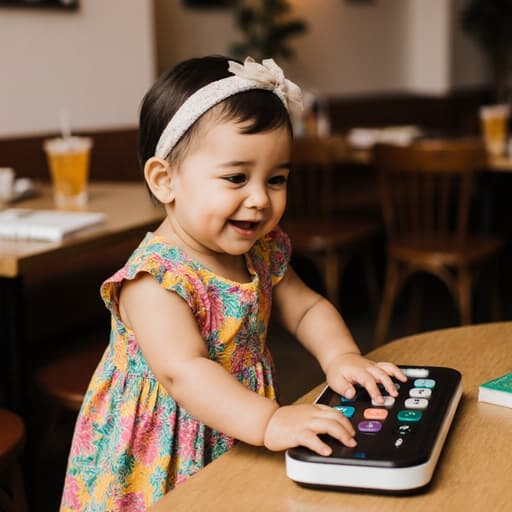 사랑스러운 표정으로 음악 재생 장치와 상호작용하며 서 있는 한 살 라틴계 아기 소녀의 반신 사진. 화사한 드레스와 귀여운 헤어밴드를 착용하고 있으며, 아늑한 카페 내부에서 음료와 책이 놓인 테이블에 둘러싸여 있습니다.