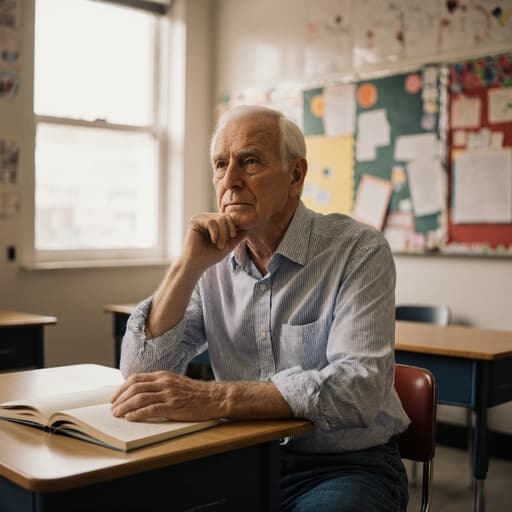 60대 중동계 남성이 교실의 책상에 앉아 있는 중반 신체 샷. 그는 편안한 청바지와 셔츠를 입고 있으며, 손은 앞에 놓인 책 위에 얹혀져 있습니다. 남성은 깊은 생각에 잠긴 듯 우울한 표정을 짓고 있습니다. 교실의 벽에는 다양한 교육 자료가 붙어 있고, 햇살이 창문을 통해 들어와 따뜻하고 아늑한 분위기를 만들어냅니다.