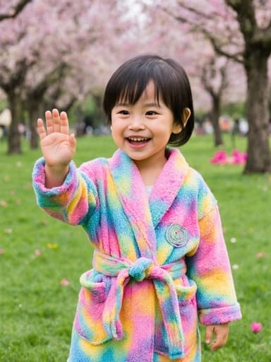 이 이미지는 화려한 목욕 가운을 입고 환하게 웃으며 손을 흔드는 사랑스러운 3세 동양인 소녀를 보여주며, 푸른 잔디가 깔린 공원과 나무, 꽃들이 어우러져 따뜻하고 친근한 분위기를 자아냅니다.