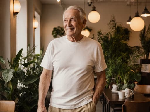 아늑한 카페 안에서 편안한 면 티셔츠와 카키색 바지를 입고 여유롭게 주변을 살펴보는 자연스러운 외모의 70대 백인 남성이 만족스러운 표정을 짓고 있는 반신 사진입니다. 카페는 따뜻한 조명과 여러 가지 식물들로 꾸며져 있습니다.