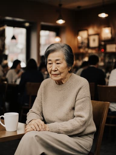 70대의 지혜로운 한국인 여성이 편안한 니트 스웨터와 슬랙스를 입고 아늑한 카페에서 크로스 레그로 앉아, 테이블 위의 커피잔을 바라보며 생각에 잠긴 모습으로 평화롭고 차분한 분위기를 자아내고 있습니다.