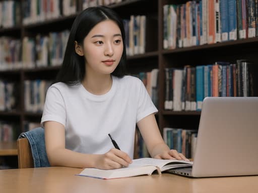 10대 초반의 한국인 소녀가 캐주얼한 티셔츠와 청바지를 입고 조용한 도서관의 테이블에 앉아 책을 읽거나 노트북을 바라보며 학습에 대한 흥미를 느끼며 친근한 표정을 짓고 있습니다. 배경에는 책이 가득한 책장이 있어 공부하는 분위기를 강조합니다.