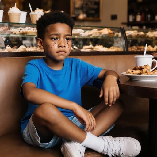 아늑한 카페에서 다리를 꼬고 앉아 있는 7세 혼혈 남자아이의 감동적인 초상. 파란색 티셔츠와 반바지를 입고 눈에 눈물이 고인 채 테이블 위의 음식을 애타게 바라보고 있다. 맛있는 음료와 디저트로 가득 찬 아늑한 배경은 그의 감정적 순간에 따뜻하면서도 대조적인 분위기를 더해준다.